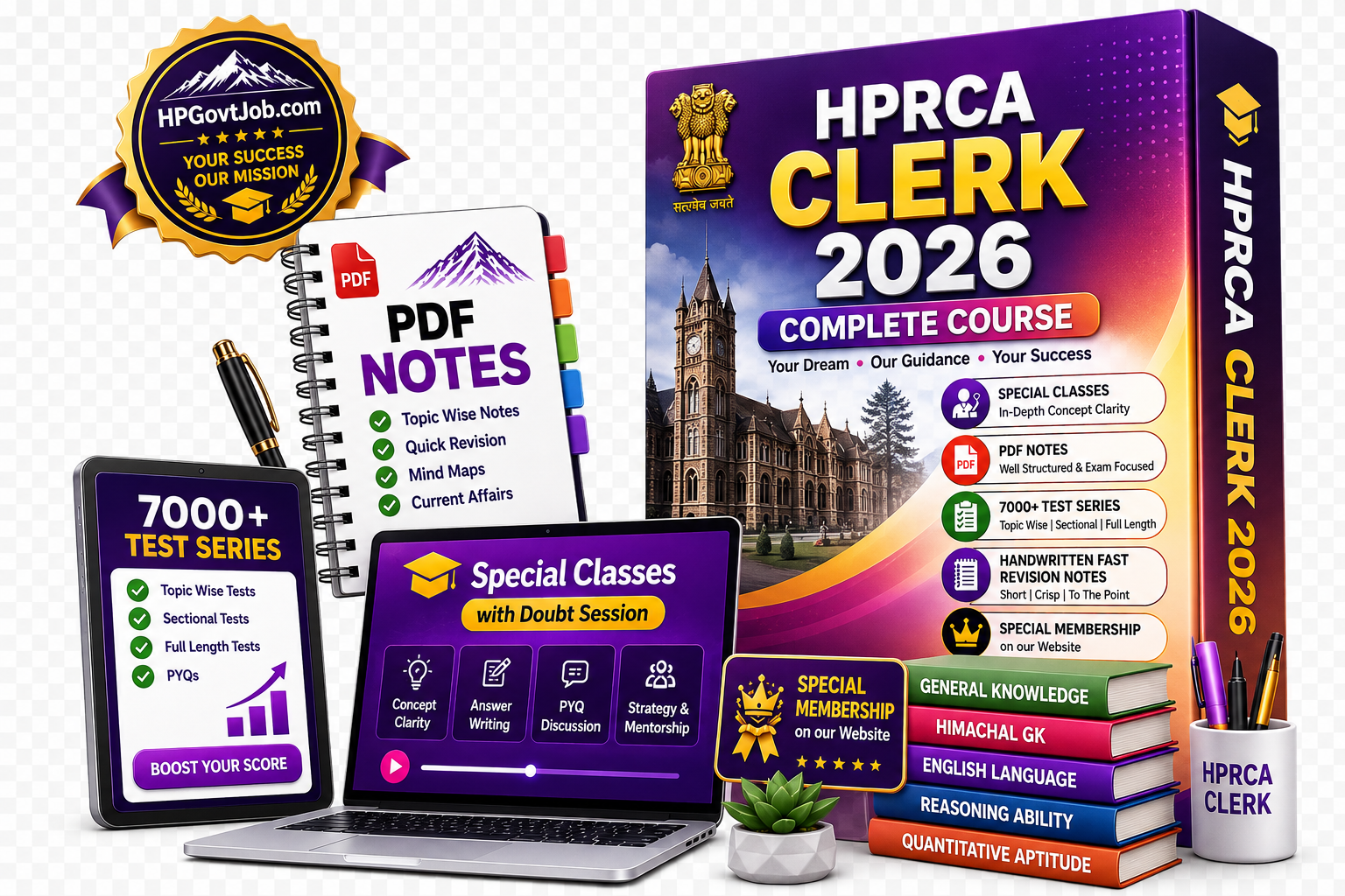 HPRCA Clerk 2026 Complete Course — book, PDF notes, test series and laptop mockup