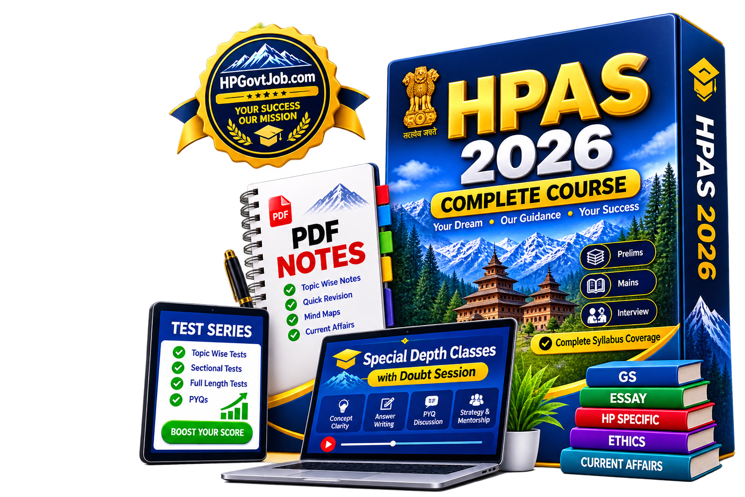 HPAS 2026 Complete Course — book, PDF notes, test series and laptop mockup