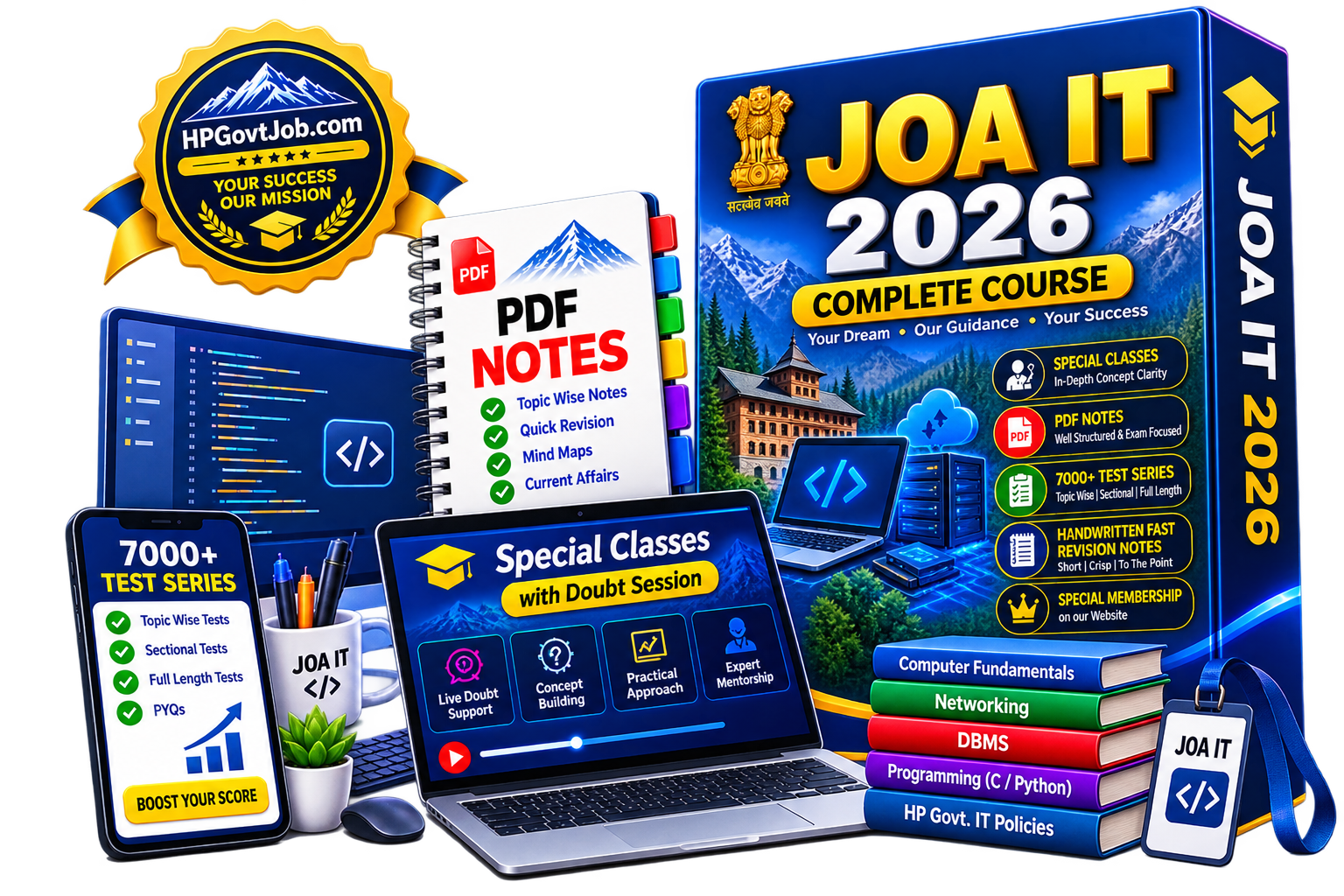 JOA-IT 2026 Complete Course — book, PDF notes, test series and laptop mockup