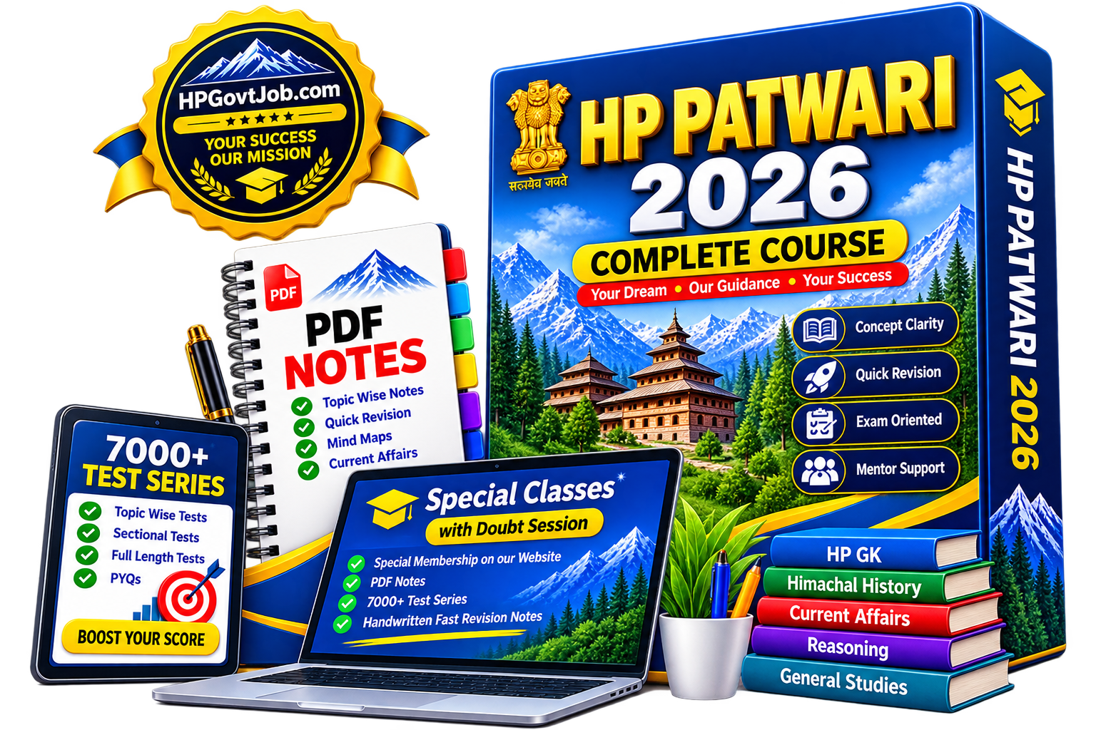 HP Patwari 2026 Complete Course — book, PDF notes, test series and laptop mockup