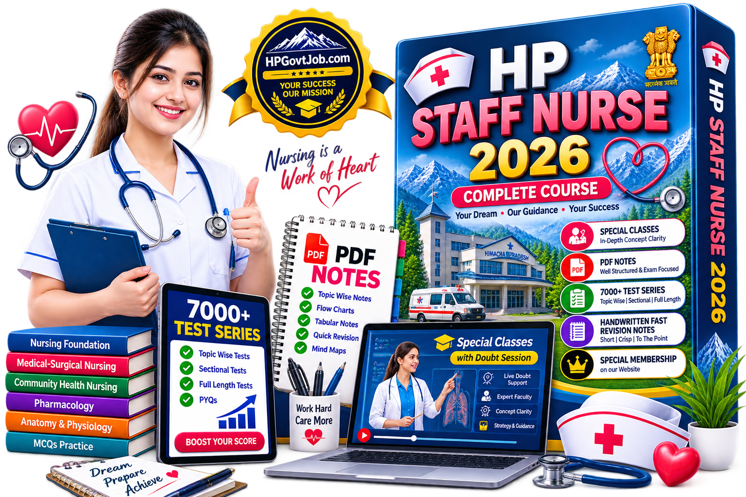 HP Staff Nurse 2026 Complete Course — book, PDF notes, test series and laptop mockup